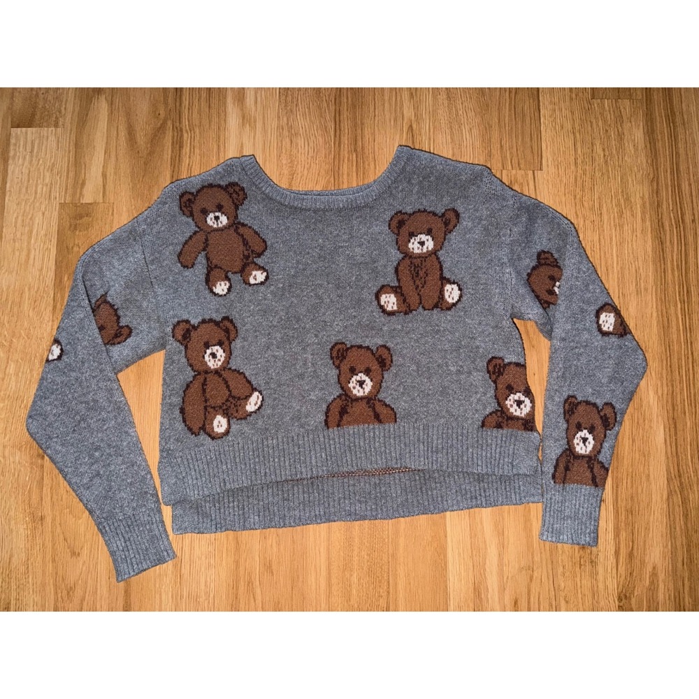 No Comment Girls Teddy Bear Knit Sweater Gray Brown M 10/12 RS638636K